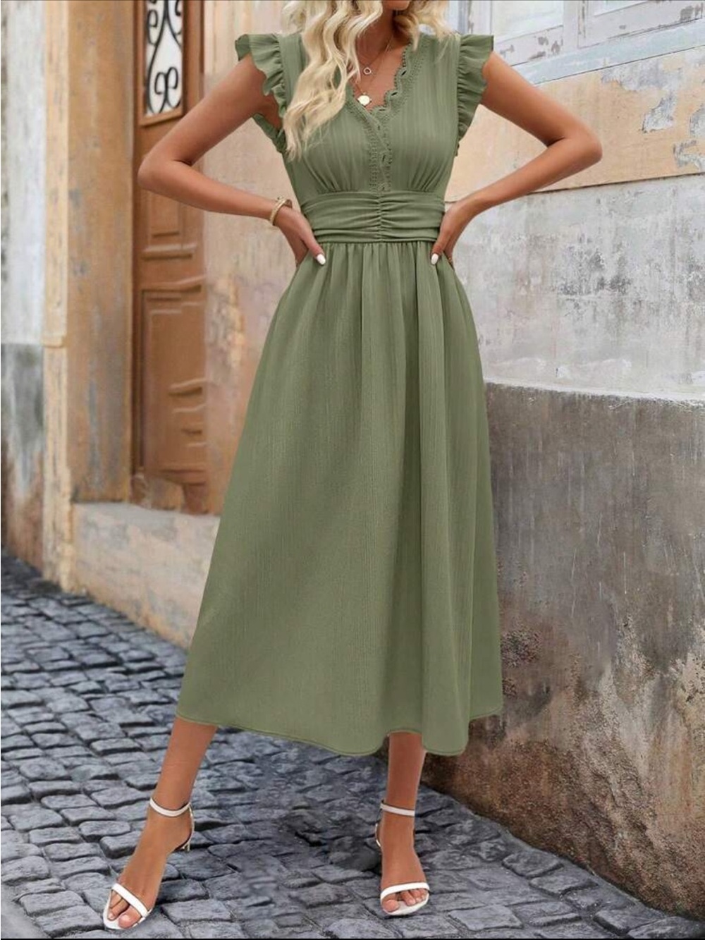 SHEIN Olive Green Ruffle Sleeve Dress